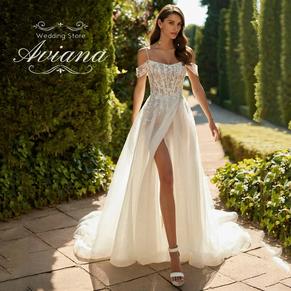 Aviana op maat gemaakte off-the-shoulder bruidsjurk kant geborduurd lijfje hoge zijsplit lange trein elegante luxe trouwjurk