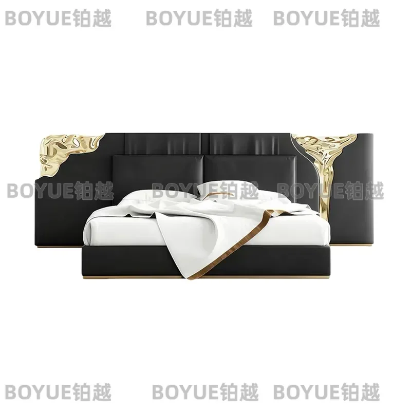 Luxury Leather Double Bed with Brass Frame Modern Artistic Widescreen  for Villa Master Bedroom Elegant Furniture