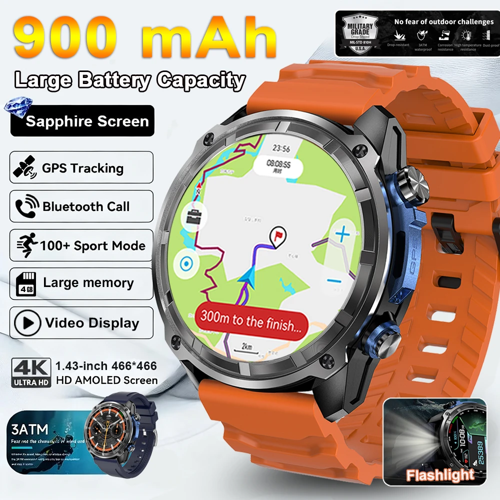 

New GPS SmartWatch Offline Maps 4GB Memory Video Player Military Sports Smart bracelet Men 30m Swimming Waterproof Sapphire