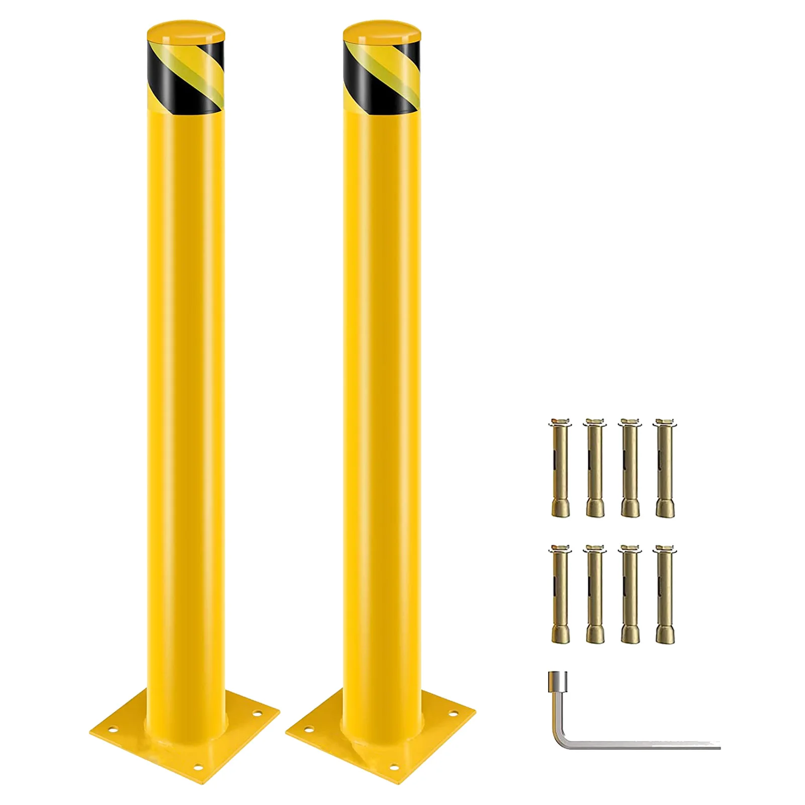 Safety Bollards Post 91cm Φ11.4cm, Industrial Yellow Powder Coated Steel Bollards with Anchor Bolts, Parking Bollard Post, 2pcs