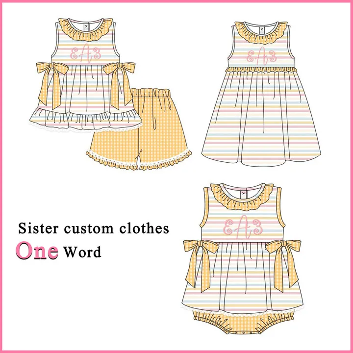 

Ropa Baby Girl New Cotton Customizable Name Styles Presale Models Yellow Stripe Print Series Romper Sets Sister Dress Clothes