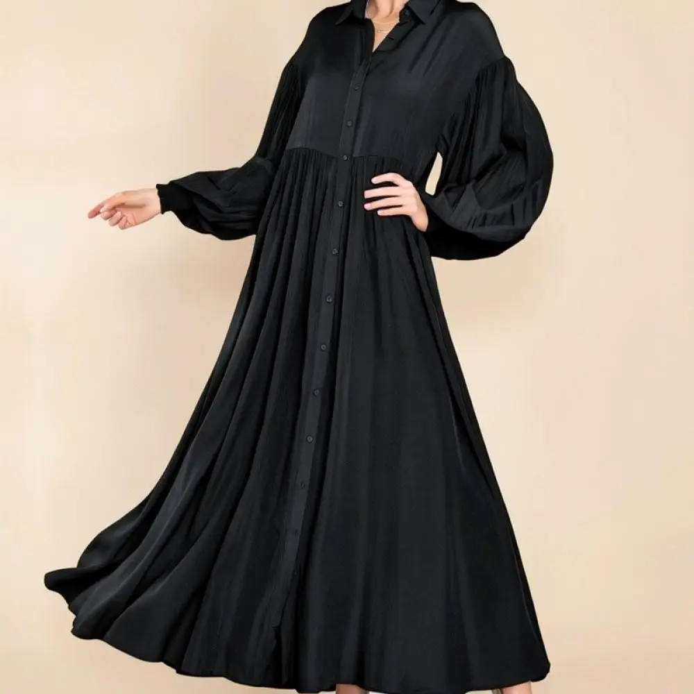 2026 New Womens Dress Long Sleeve Pleated Maxi Lapel Button Up Solid Color Loose Casual Retro Style Elegant Vintage Shirt Gown