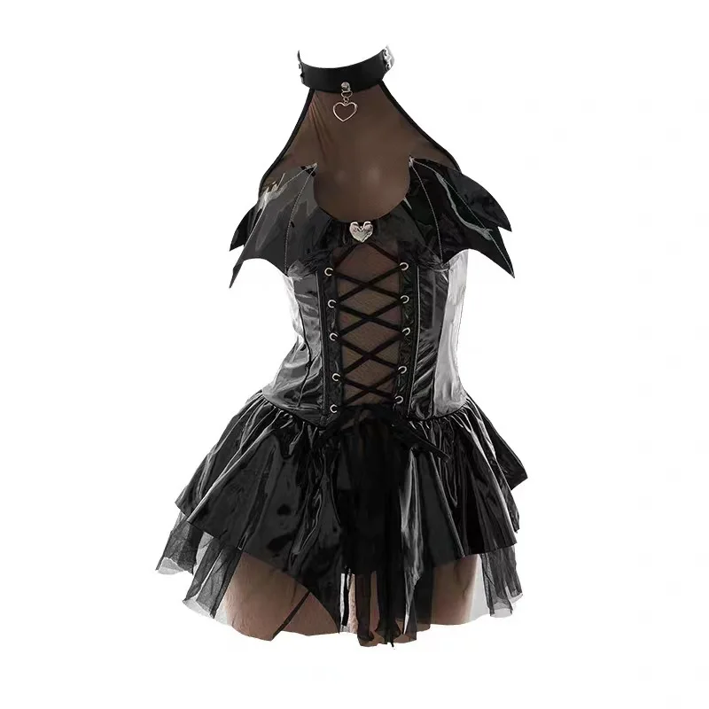 Negro rojo bruja oscura hueco sin mangas disfraces de Navidad juego de demonio vestido vendaje lencería Sexy uniforme disfraces de Halloween