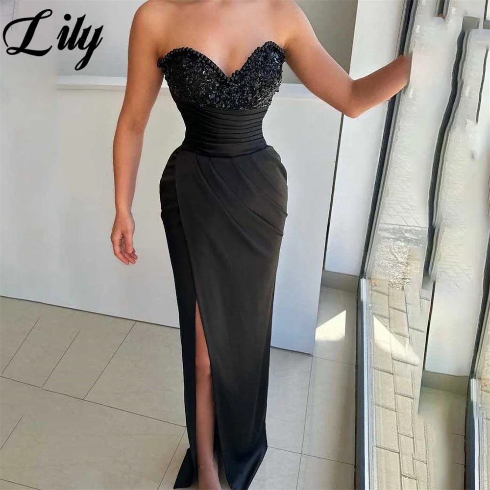 

Lily Black Evening Gown Mermaid Sexy Beaded Prom Dresses Satin Pleat Sweetheart Side Split Wedding Evening Dress robes de soirée