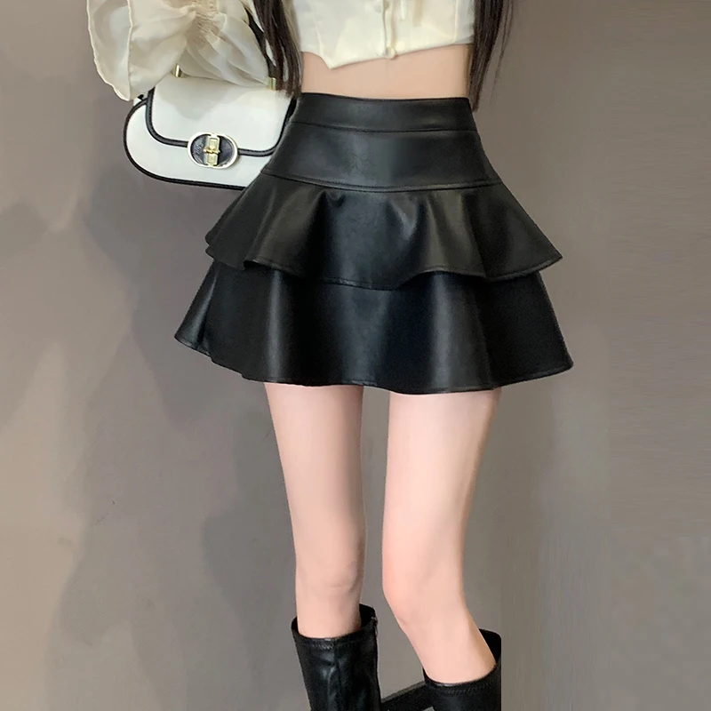 New Arrivals Black Sexy Mini Cake Pu Skirt For Women 2023 Autumn Winter Ball Gown Sweet Ladies Short Leather Skirts