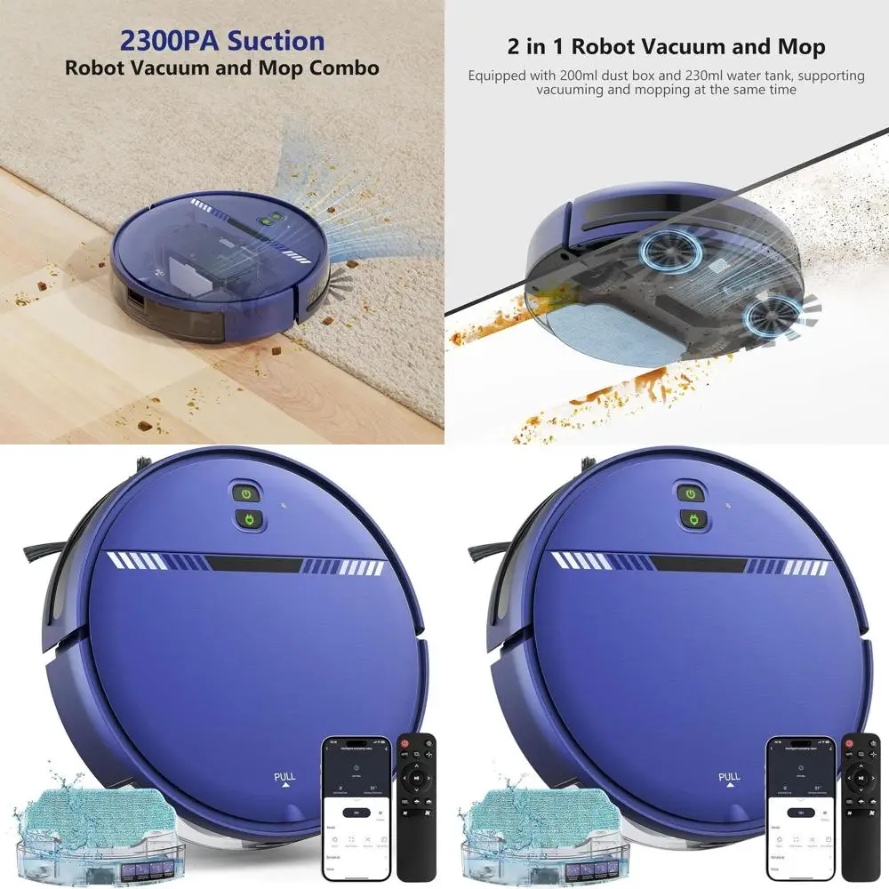 

Smart Dual-Function Robot Vacuum and Mop, WiFi-Enabled, App/Voice Control, Scheduling, Water Tank & Dustbin, Self-Charging, Slim
