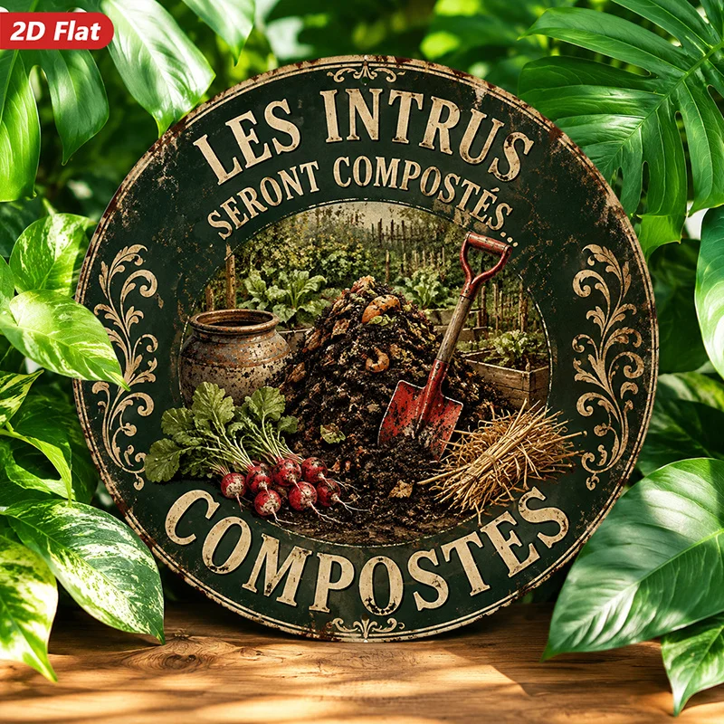 2D Flat - 【2D Flat】 2D Flat - [2D Flat] 2D Flat Print 1pc Round Metal Iron Sign, French Compost Garden Wall Art, Les Intrus Sero