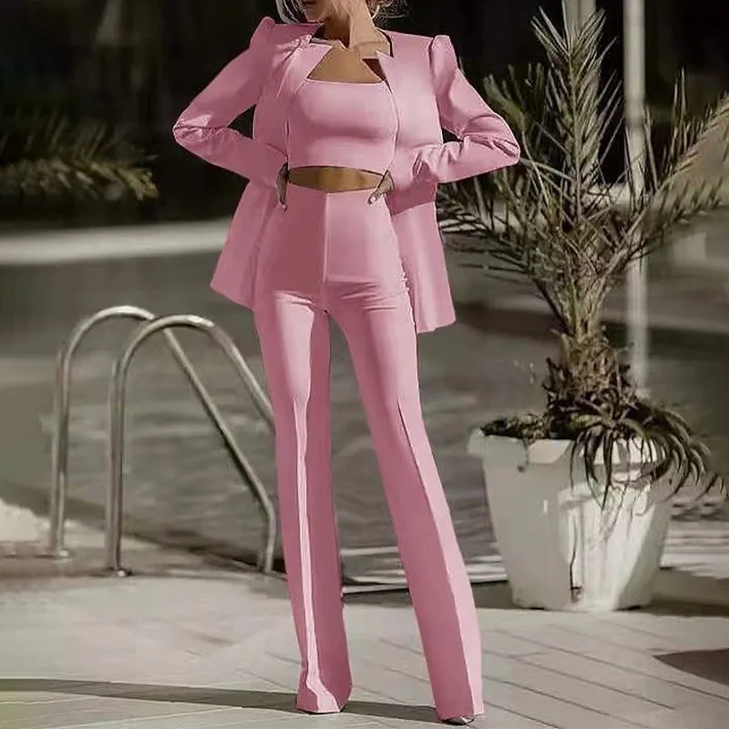 

3 Piece Sets Women Suit Jacket Strapless Top Straight Pants Ensemble 2025 Office Lady Solid Coat Floor Length Trousers Outfits
