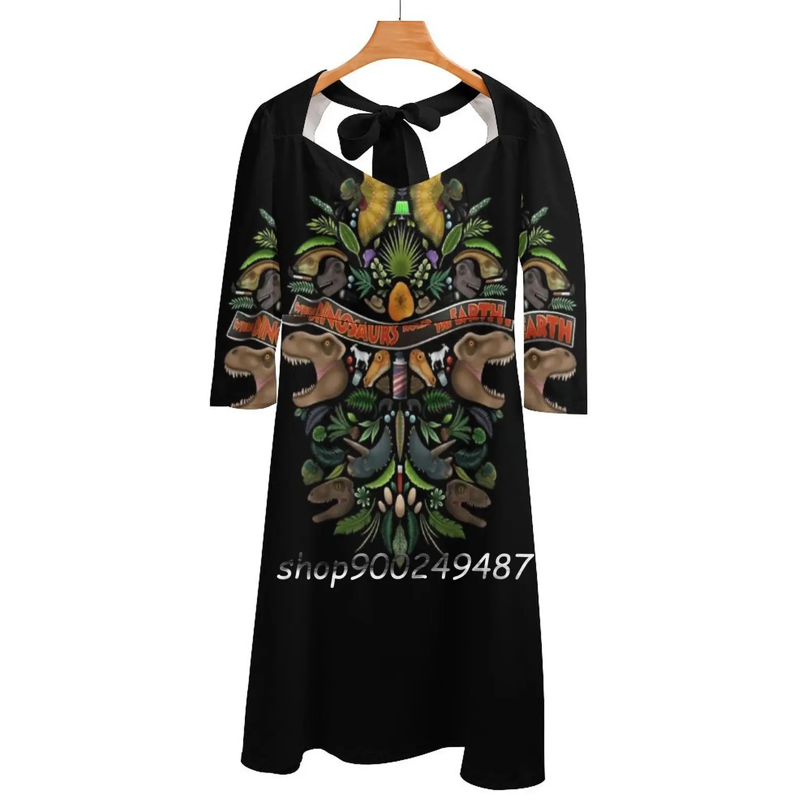 When Dinosaurs Ruled The Earth Flare Dress Square Neck Dress Elegant Female Fashion Printed Dress Dinosaur Dinosaurs World