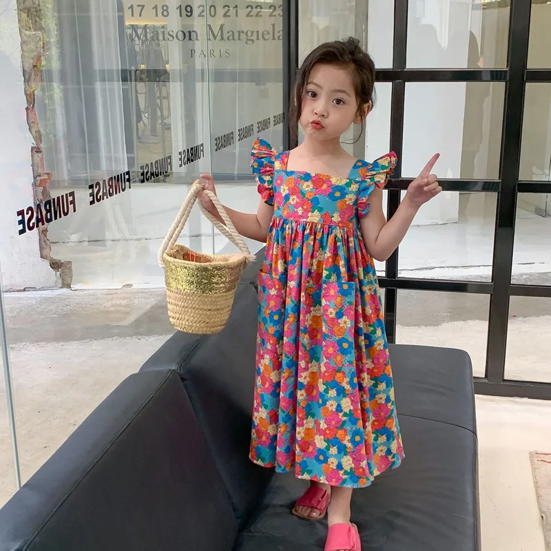 

Girl Strappy Dresses 2023 Summer Baby Kids Korean Version Broken Flowers Fly Sleeves Backless Princess Dress Cotton Casual Dress