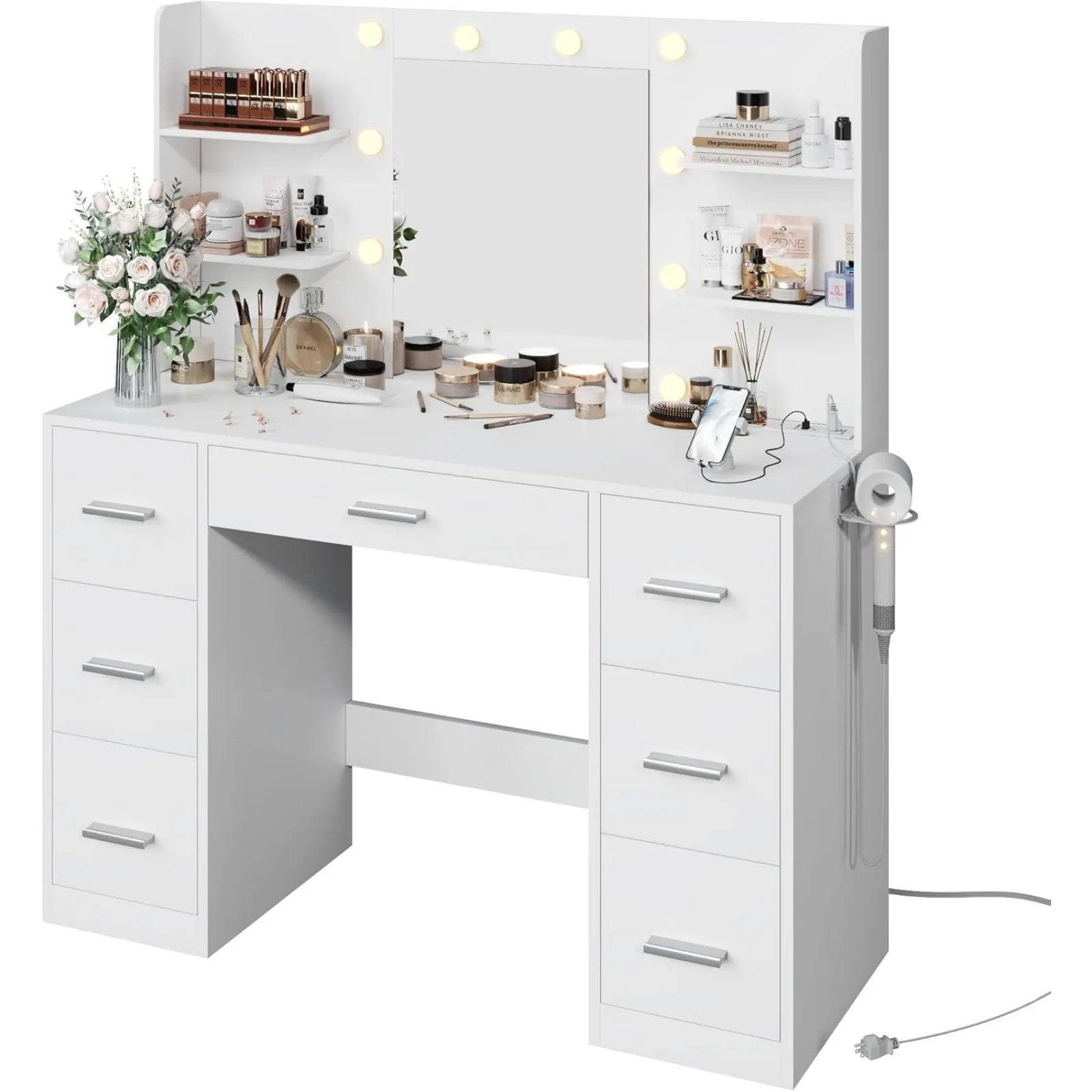 US Vanity Desk with Mirror, Power Outlet and 10 Lights, Makeup Table with 7 Drawers, 3 Color Modes Available for