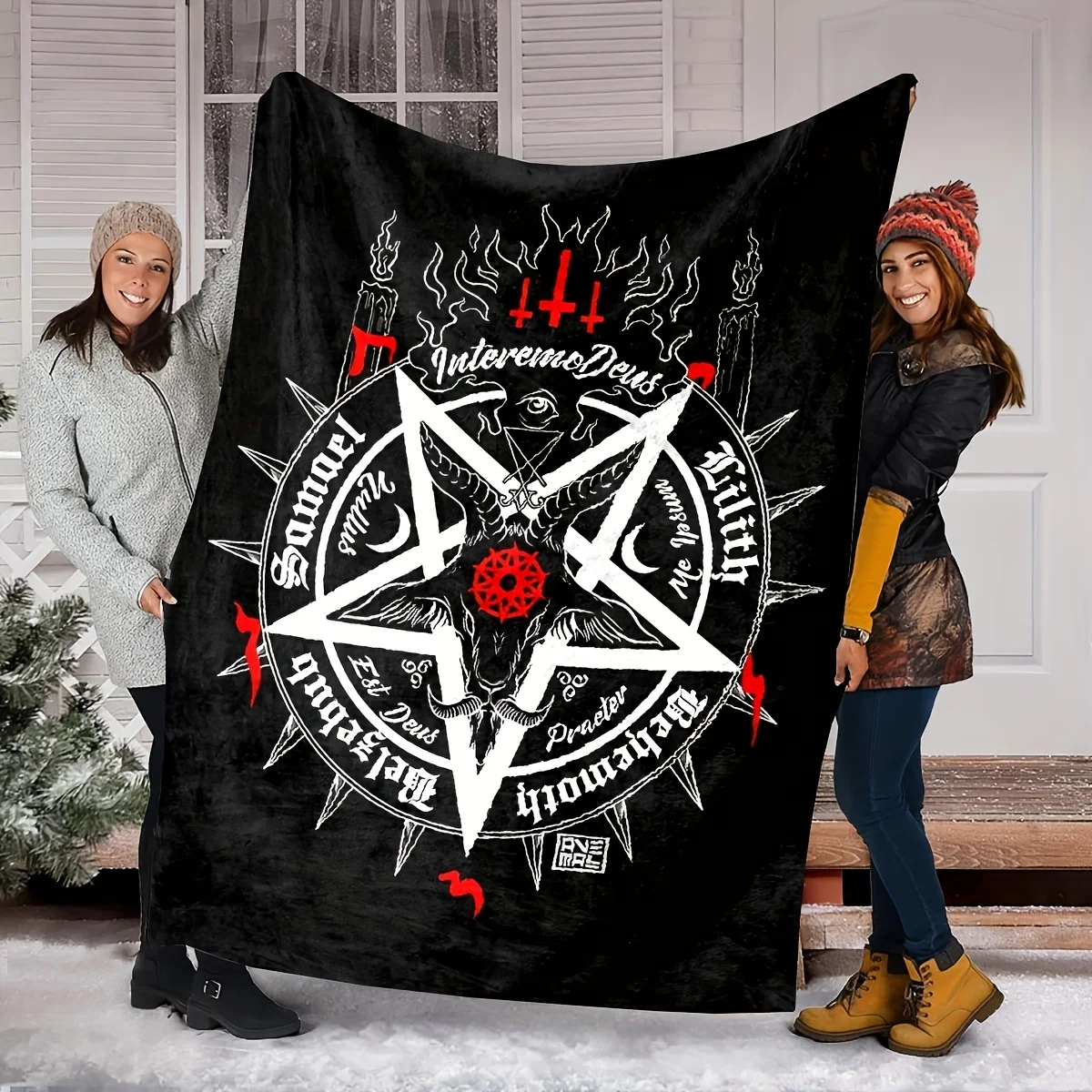 Enchanting Black & White Red Devil'S Horn & Pentagram Flannel Throw Blanket - Tear-Resistant, All-Season, Machine Washable, Bohe