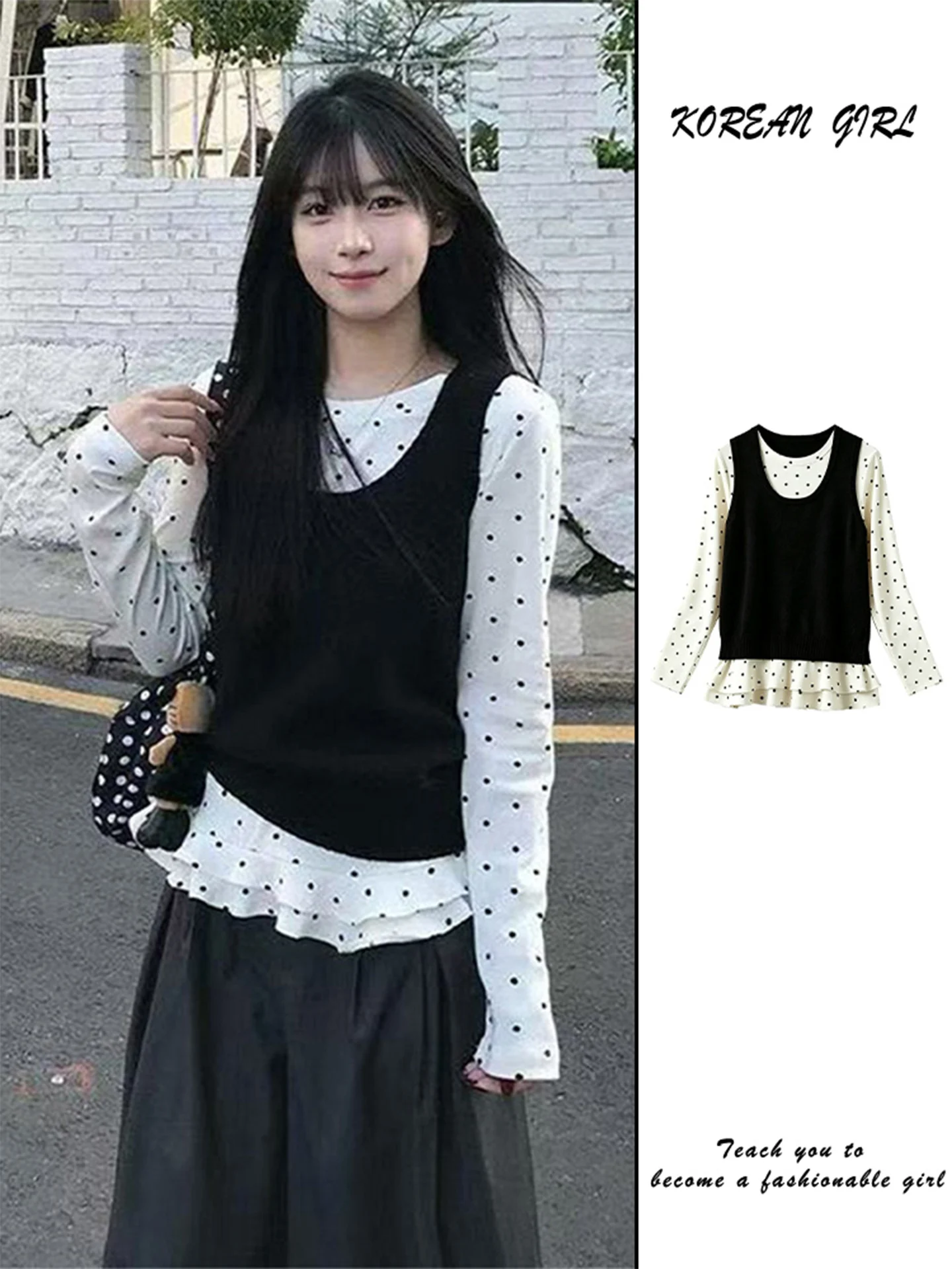 Korean Style College Wave Dot Two-Piece Set Women's Spring Autumn Knitted Vest Long Sleeve T-Shirt Top Set Breathable Medium ...