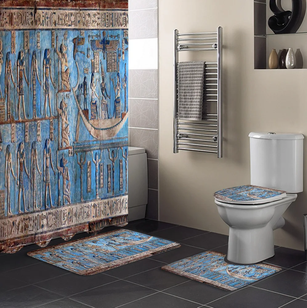 Hieroglyphic Carvings Ancient Egyptian Temple Shower Curtain Sets Rugs Toilet Lid Cover Bath Mat Waterproof Bathroom Curtains