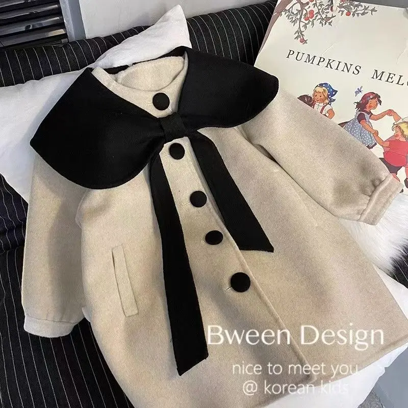 Girls' Woolen Coat 2025 Winter Korean Version Children's Clothing Western-style Children's Lapel Bow Medium Long Woolen Coat