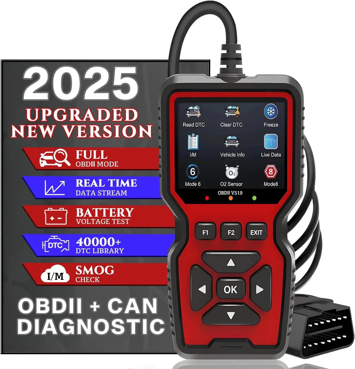 OBD2 V519 Scanner 2025 - OBDII CAN Code Reader, Live Data, Battery Test, 40K+ DTC, I/M Readiness, Check Engine Light & Smog Test