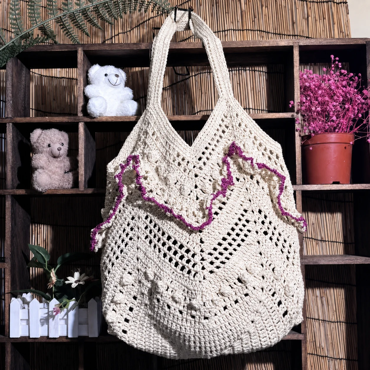

Open Top Tote Bag Soft Woven Cotton Yarn Bag Hollow Cotton Shoulder Bag Lightweight For Beach Vacation Shopping Daily Commuting