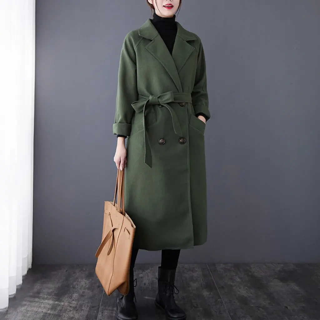 

Winter New Waitmore Beige Woolen Coat Mid-Length Long Waist-Tight Harajuku Style Over-The-Knee Women's Outerwear