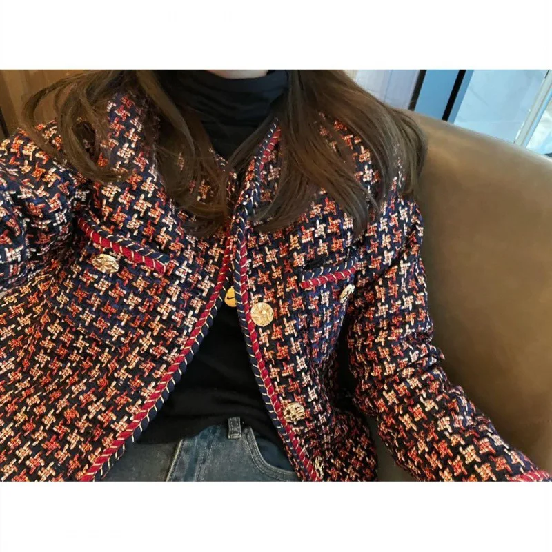 Elegant Weave Plaid Women Blazer Pocket Plus Velvet Winter Causal Tweed Coat Office Ladies Suit Jacket