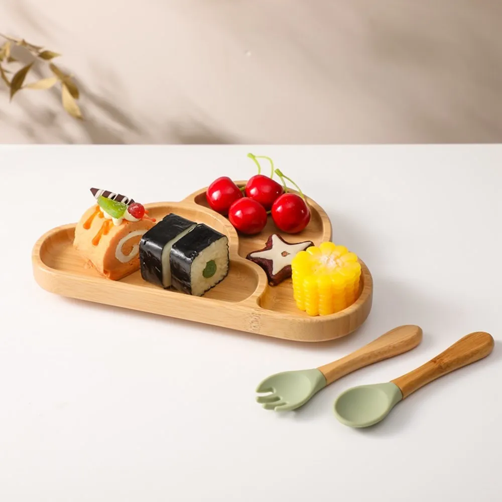 1Set Baby Feeding Cartoon Cloud Bamboo Dinner Plate Silicone Suction Cup Wooden Spoon Baby Can Adsorb Tableware Gift For Newbaby