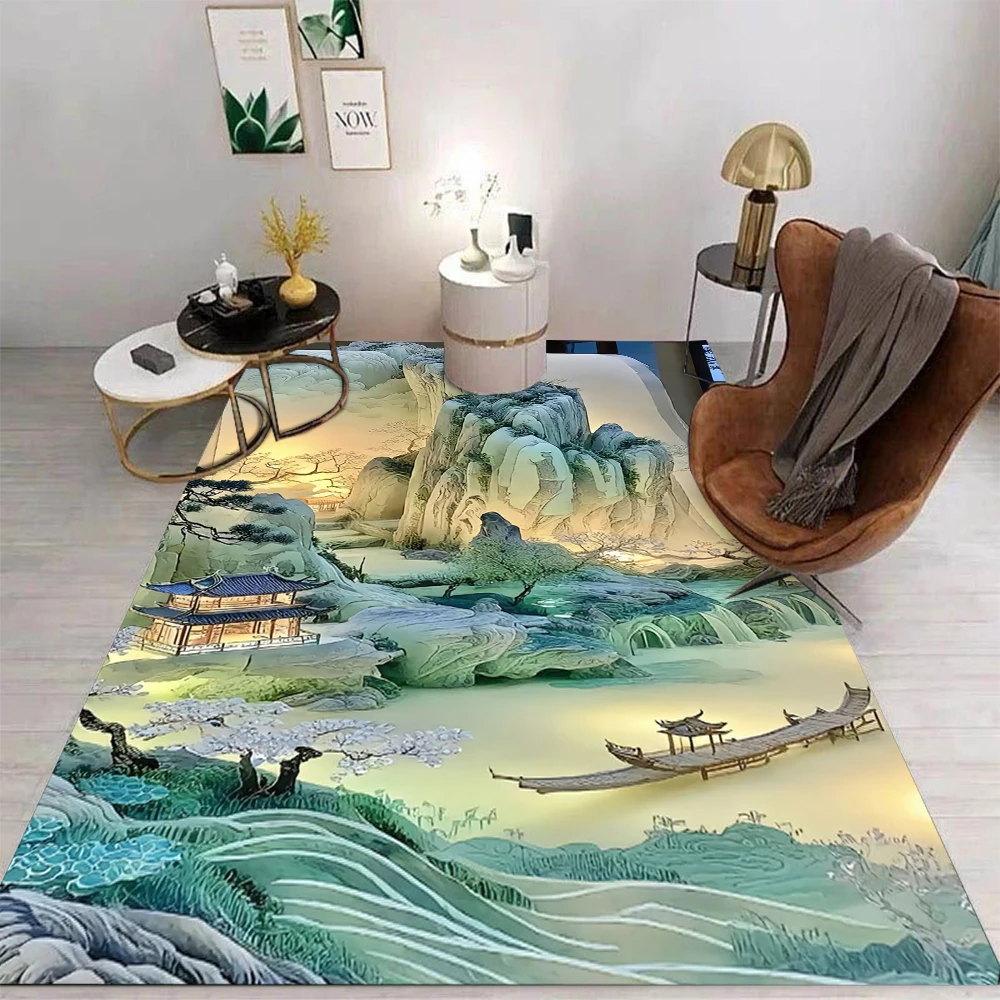 Chinese Style Landscape Carpet With Scroll Calligraphy Pine Tree Mountain River Designs Non Slip Rug For Living Room Decor