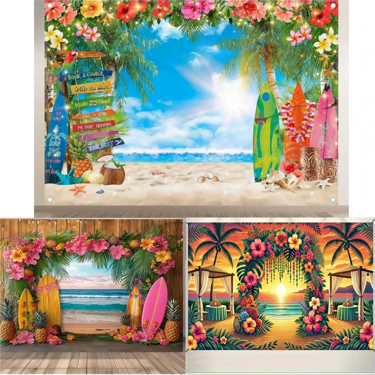Hawaiianischer Strand-Hintergrund, Tropischer Luau-Hintergrund mit Palmen und Surfbrettern für Sommer-Aloha-Themenparty-Dekoration