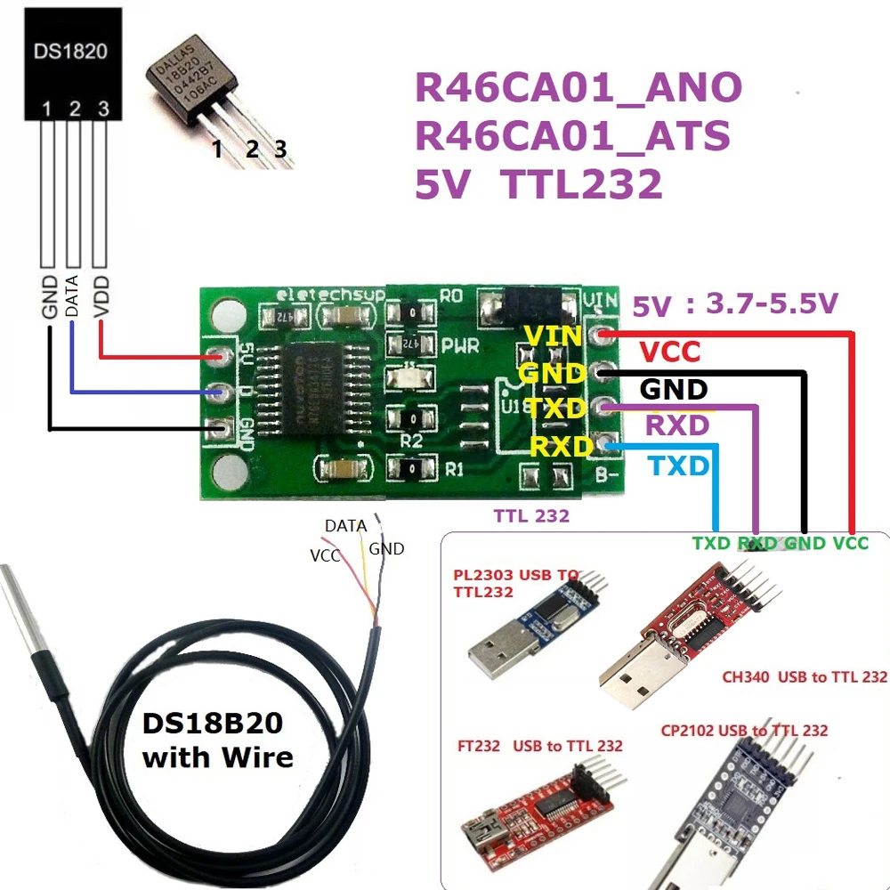 DS18B20 RS485 RS232 TTL Com UART Temperature Acquisition Sensor Modbus RTU for Arduiuo PC PLC MCU 6V 12V 24V