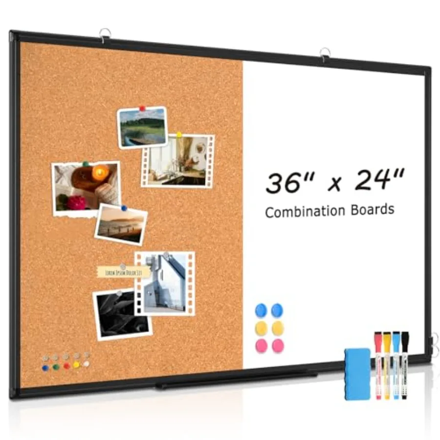 

[24" x 36"] Dry Erase and Bulletin Boards Combo Magnetic White Board Cork Board for Wall Whiteboard and Corkboard Combination w
