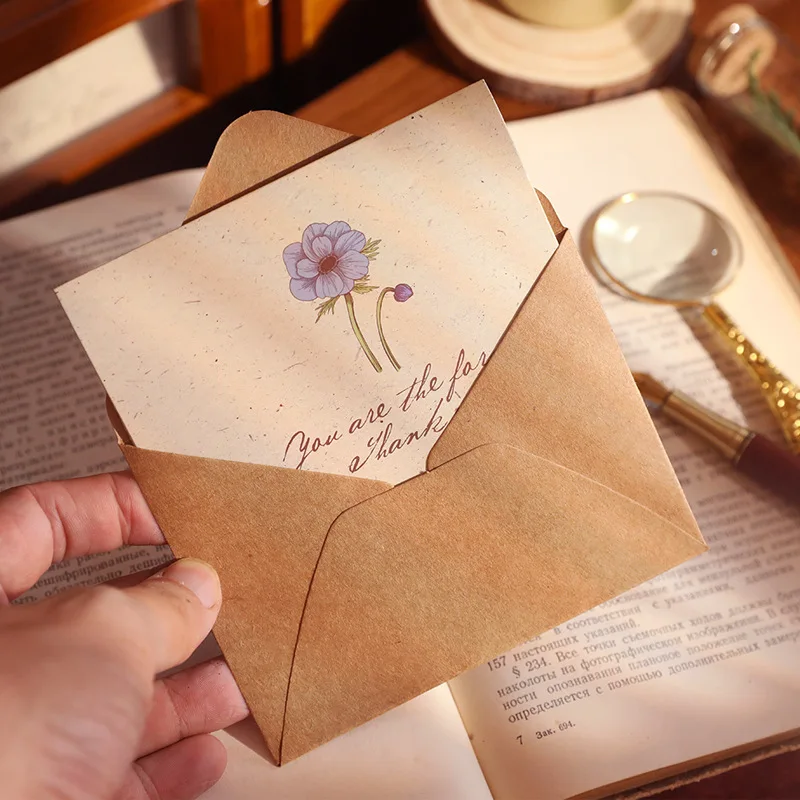 

2 Sets Vintage Floral Kraft Paper Envelopes with Greeting Cards Sealing Sticker New Year Wedding Party Christmas Gift Wrap Bag