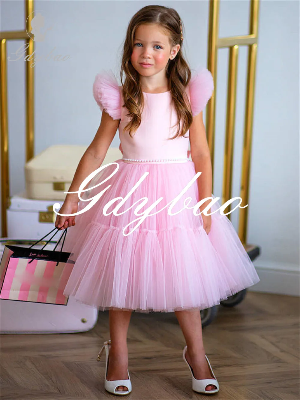 

Elegant Simple Wedding Girl Dress O Neck Short Pleat Backless A Line Short Vintage Summer Tea Length Communion Gown For Girl