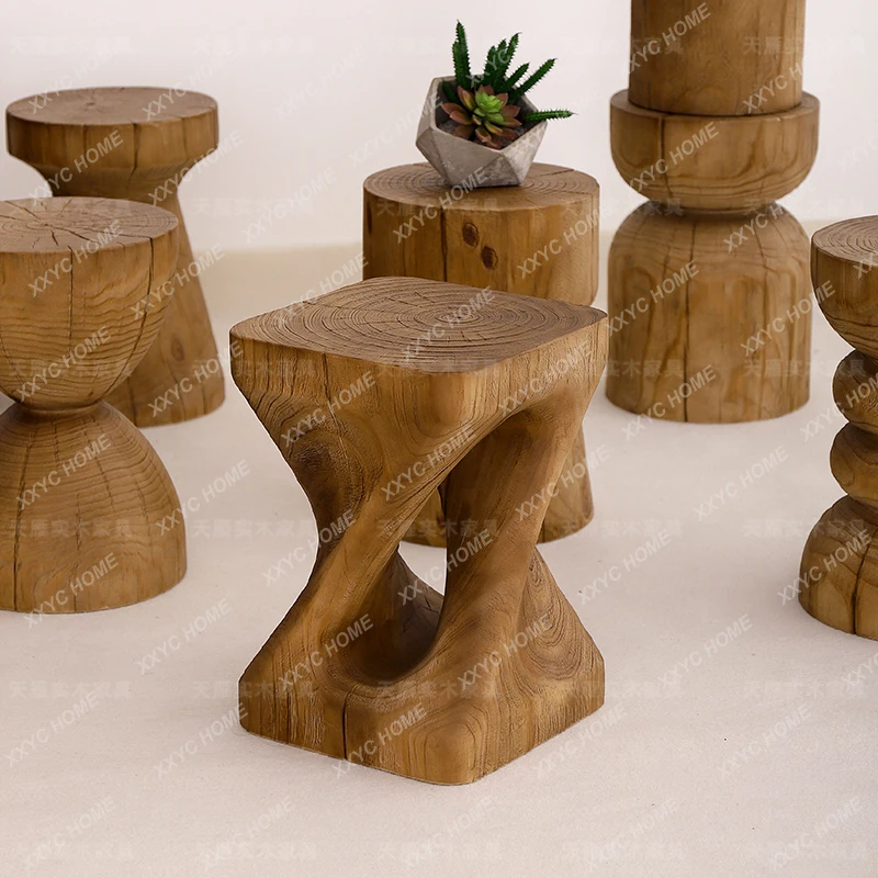 TTTTsolid Wood Wooden Stool Log Edge Few Round Household Bedside Table Creative Coffee Table Homestay Stump Low Stool Root Carvi