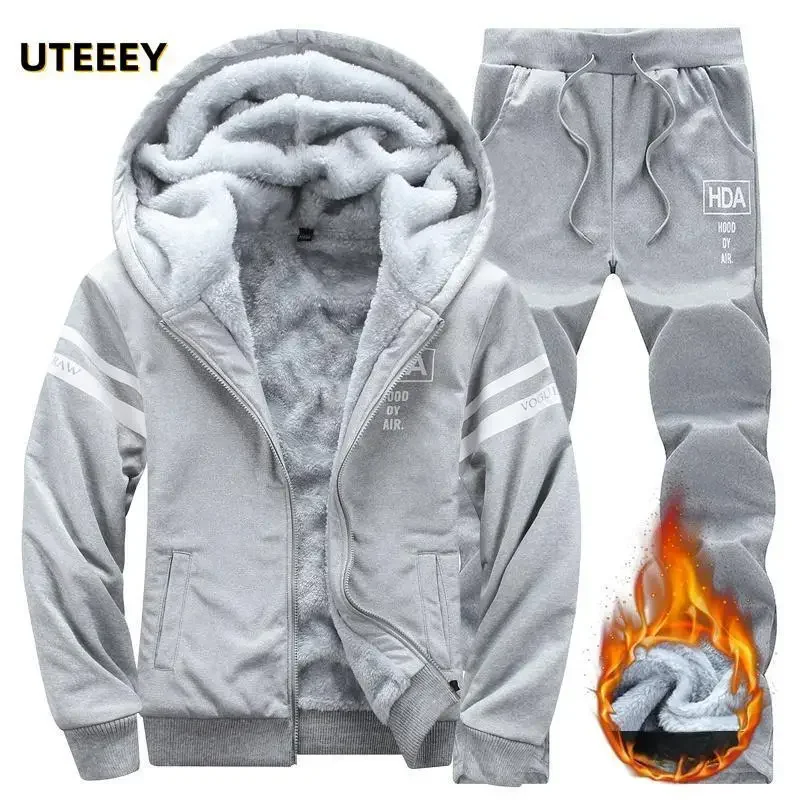 2023 Winter Tracksuit Casual Men Sets Sweatshirt Sporting Running Fleece Thick Fur Warm Hooded Jacket With Pant Male Sportswear