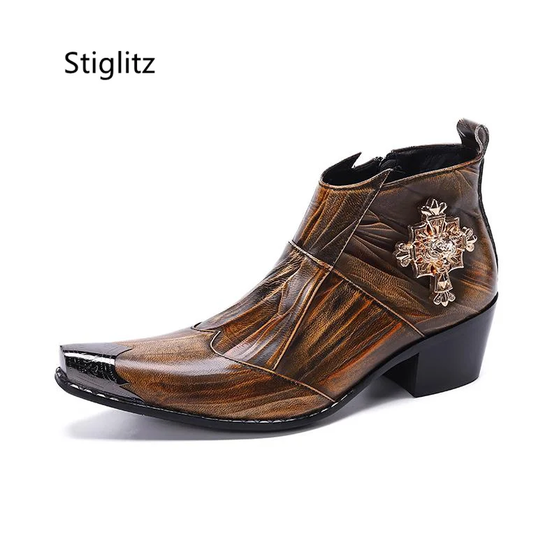 Bronze Genuine Leather Iron Toe Men's Chelsea Boots Zipper Metal Decor Pointy Ankle Boots High Heels Party Wedding Male Shoes