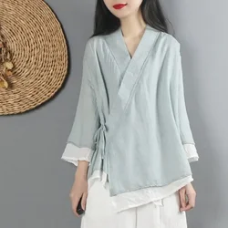 Women Linen Shirt Tops Chinese Style Vintage Retro Shirt Cardigan Coat Fairy Tai Chi Uniform Tang Suit Breathable Casual Hanfu