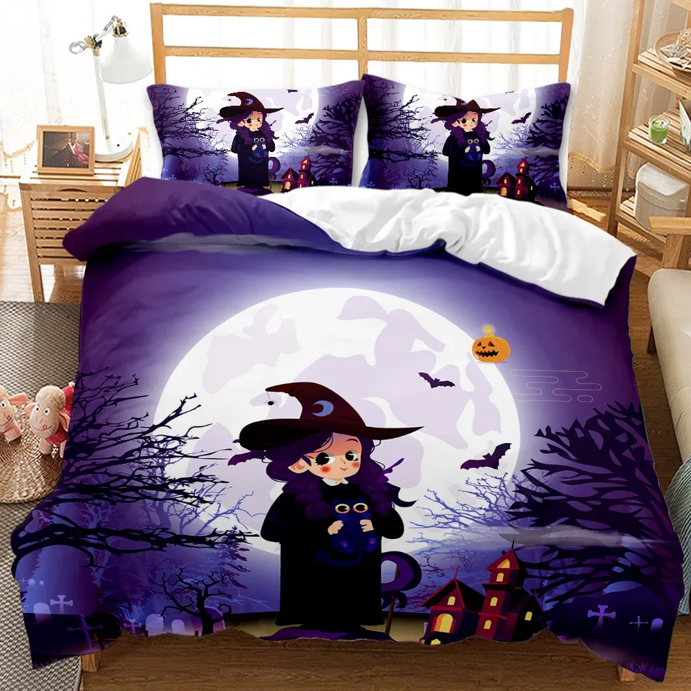 Halloween Duvet Cover King Size,Cartoon Witch Cat Moon Pumpkins Scary Night Comforter Cover Kids Girls Microfiber Bedding Set