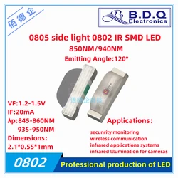 100 adet 0805 yan işık 0802 IR SMD LED 850nm 940nm IR kızılötesi verici kızılötesi siyah ışığa alma tüpü