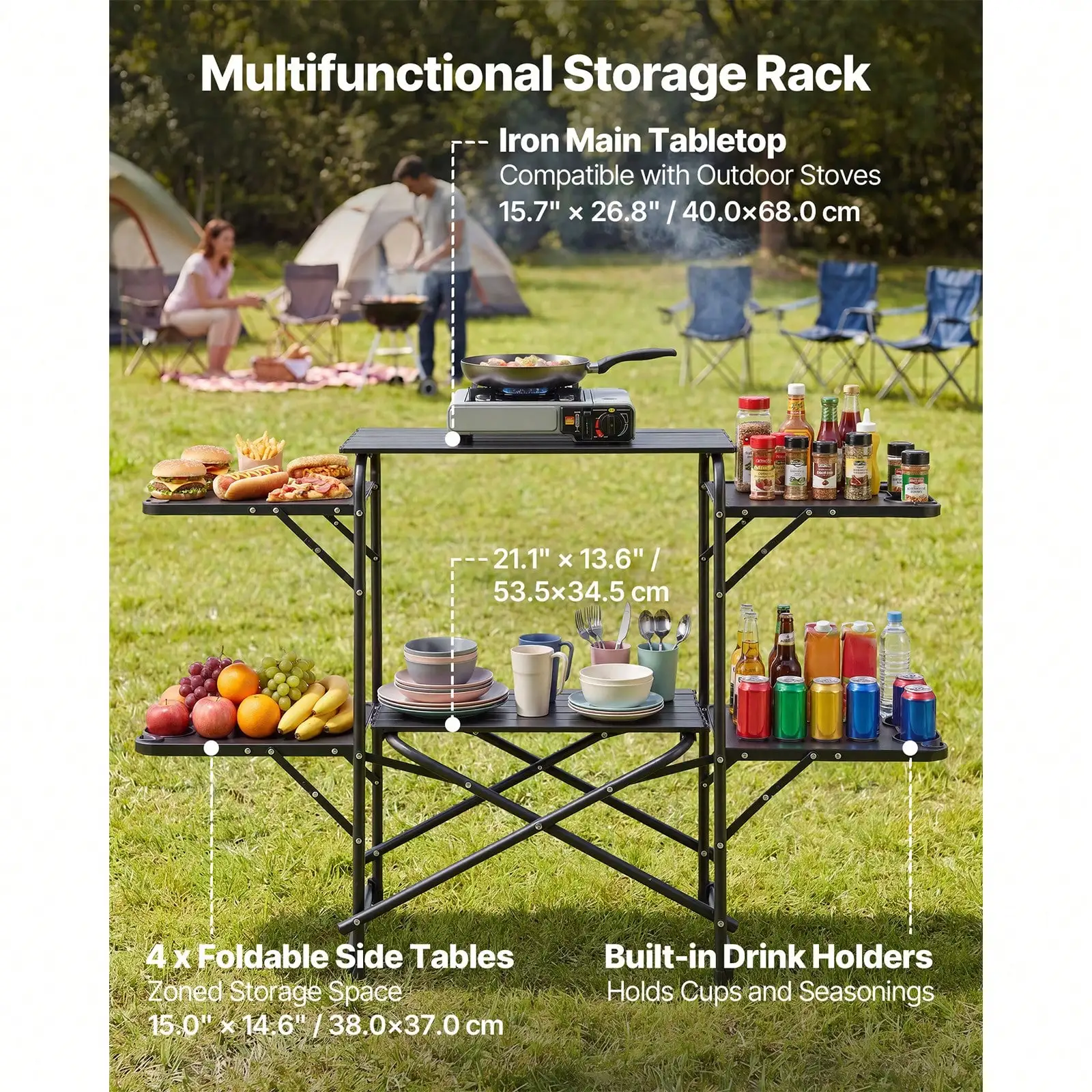 Camping Kitchen Table, Slim-Fold Cook Station, Portable Folding Table, With 4 Side Tables, Heat Resistant Tabletop, And Carrying Bag, Ideal For Outdoor Picnics, BBQs, Camping, RV Traveling