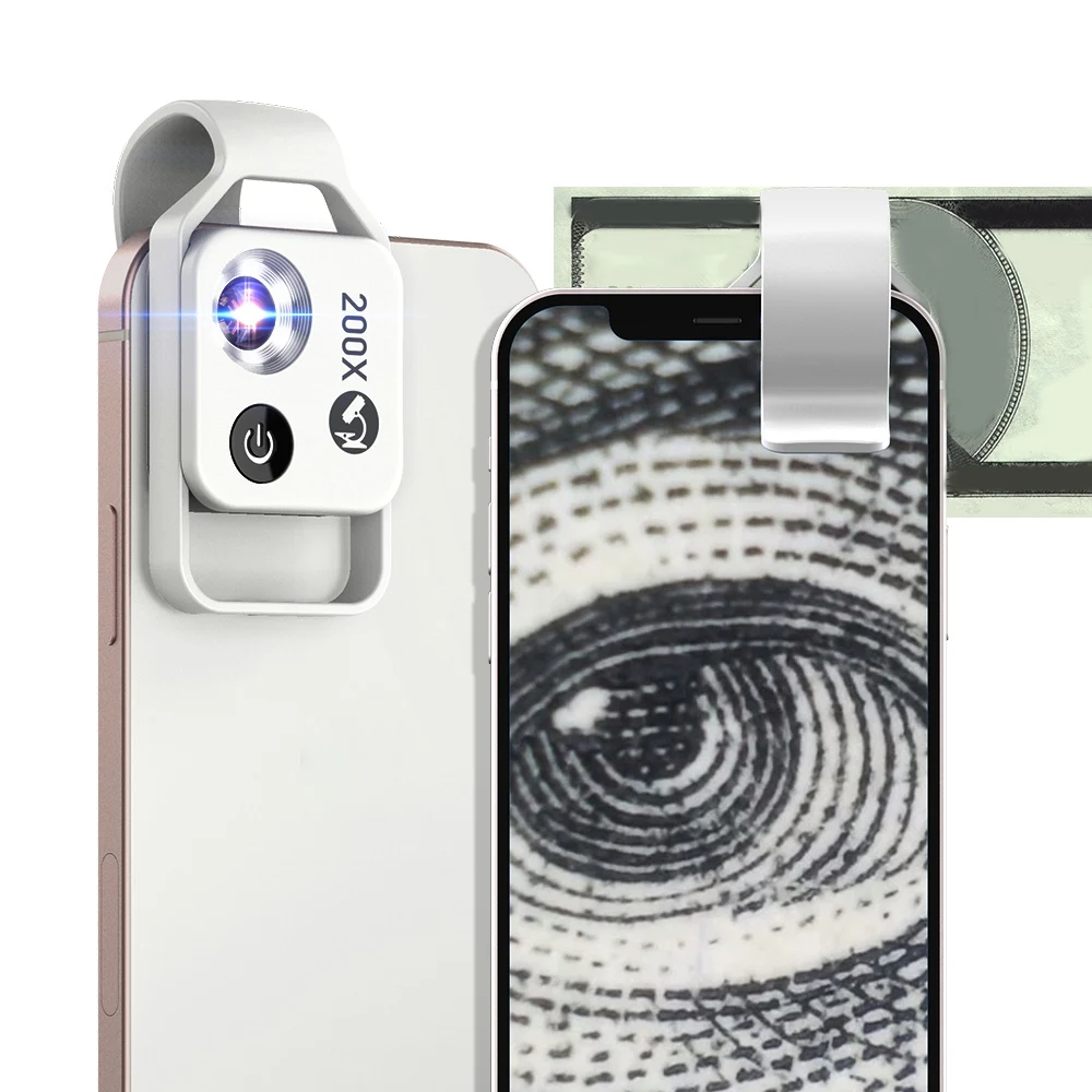 200X Mobile Phone Microscope Micro-Lens Universal Clip LED Light Pocket Mini Magnifying Glass Microscopes Black image 4