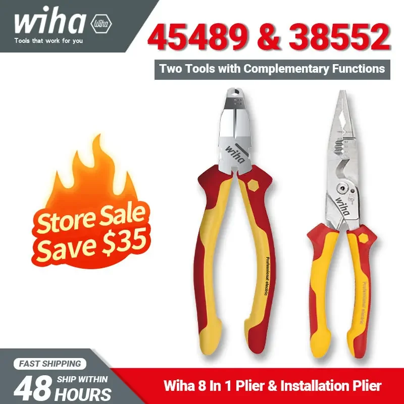 Wiha Tool Set 45489 Electrician 8-in-1 Multifunctional VDE-tested Plier 38552 Installation Pliers 1000V VDE Electrician Tool