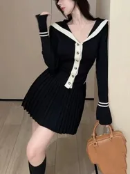 Korea Single Breasted Sweater Knitted Two Piece Set Women Autumn Slim Sweet Sailor Collar Top Pleated Mini Skirt Suit Fashion