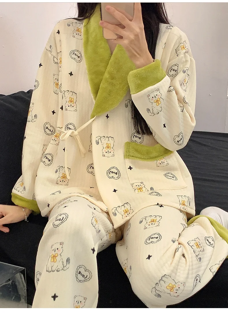 

Pajama Sets Embroidered Women Polyester Green Bow Print Durable Ruffles Detail Crew Neck Cap Sleeve Ankle Length Spring Adult OL