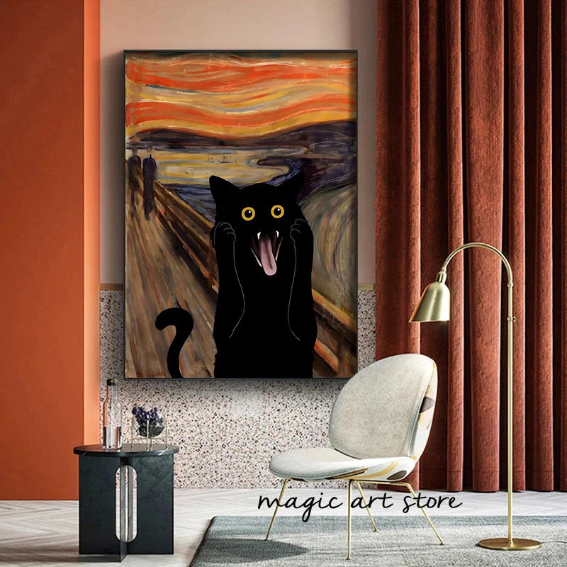 Vintage Funny The Scream Cat Edvard Munch Cat Black Cat Art Posters Canvas Painting Wall Prints Pictures Room Home Decor Cuadros