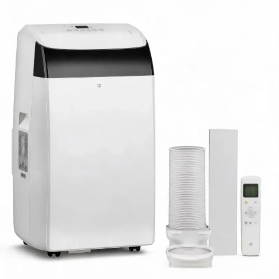 Portable air conditioner for home office and garage use, white ABS plastic, 14000 BTU cooling capacity, quiet sleep mode and en