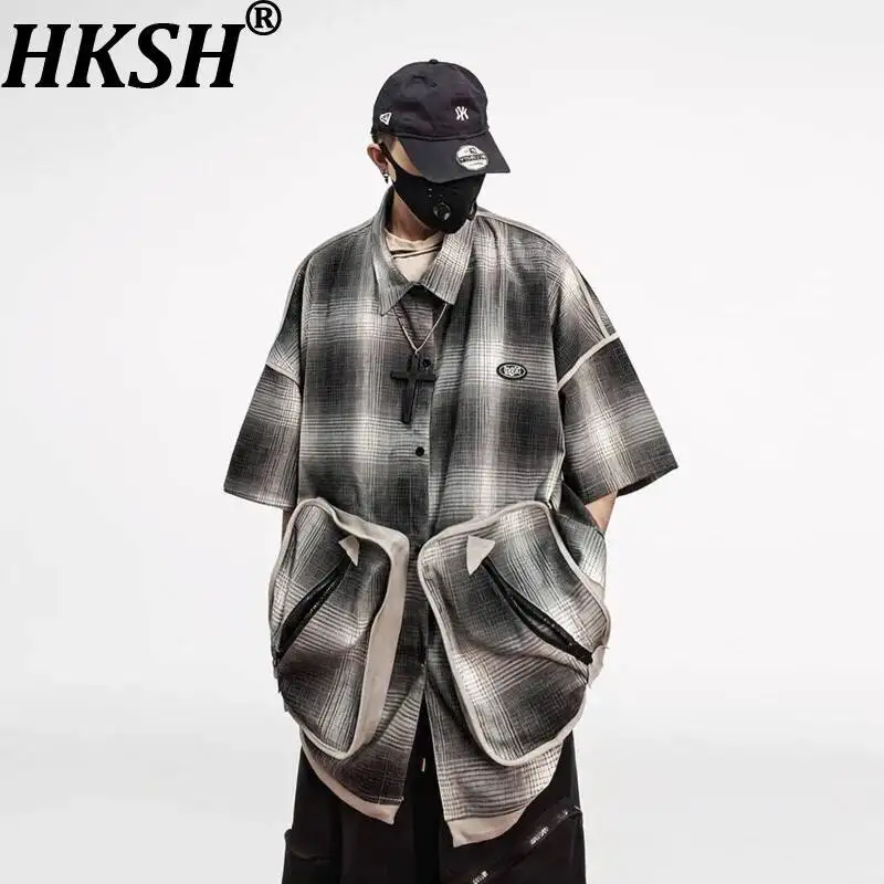 HKSH Summer Men Tide Chic Ins Hip-Hop Trendy Workwear Pocket Plaid Shirt Japanese Retro Loose Casual Short Sleeve Shirts HK25426