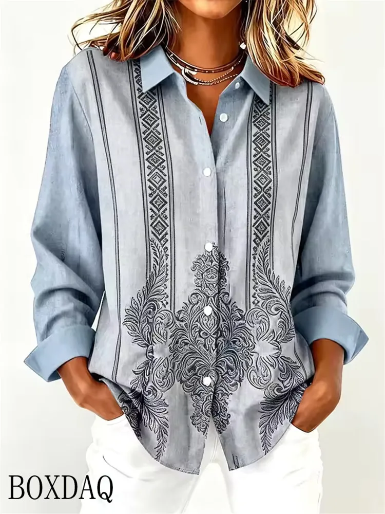 Women's ethnic style printed solid color lapel blouse long sleeved single breasted comfortable office women's shirt women's tops