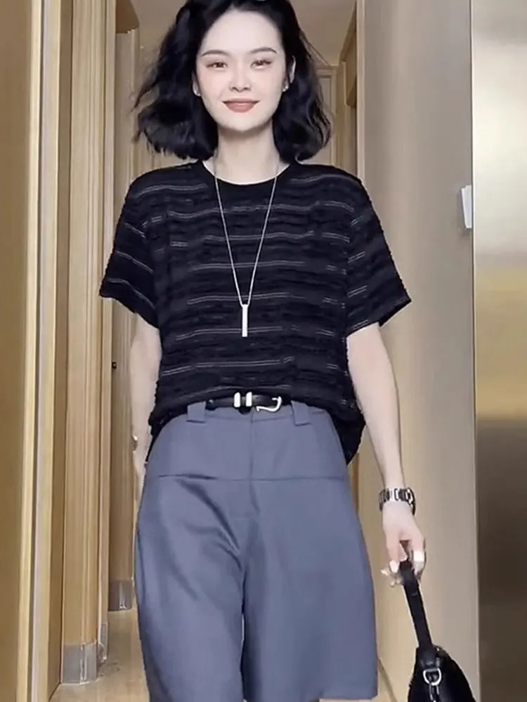 Loose Striped Base irt Pure Cotton ort Sve round Ne Design Casual Versatile Summer Top for Young Women Commute Sle