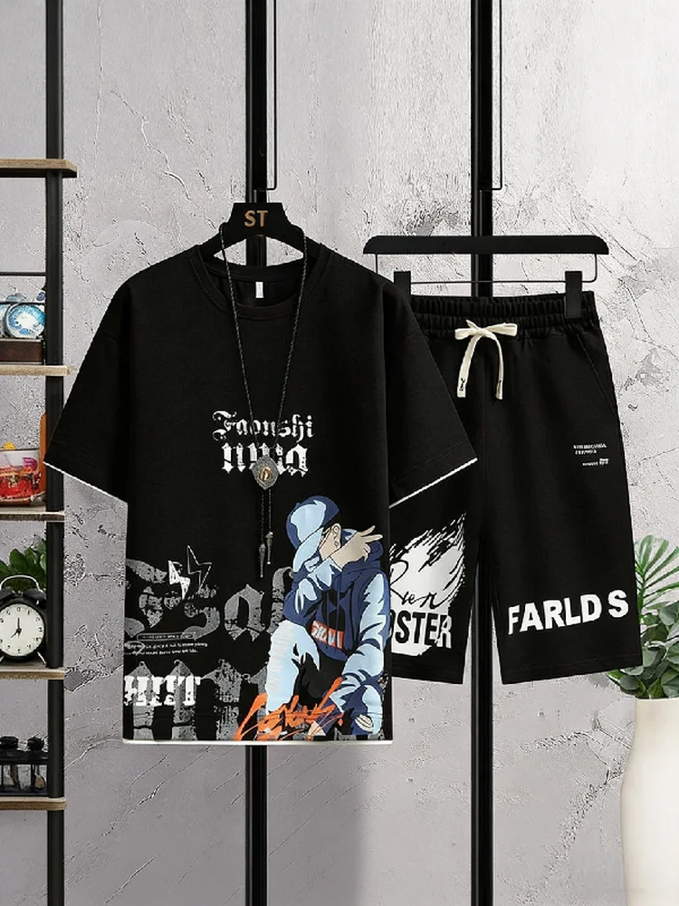 Conjunto Casual Esportivo Masculino de Verão com Camiseta de Manga Curta e Calças Longas em Fibra de Poliéster