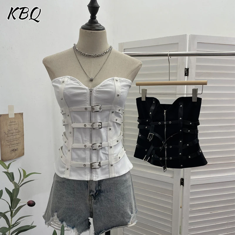 

KBQ Solid Spliced Zpper Slimming Backless Vest for Wimen Strapless Sleeveless Patchwork Belt Design Sense Tops Female Fashion