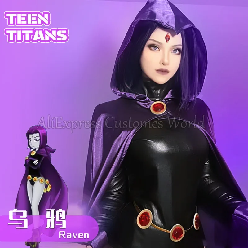 Anime teentitans Raven cosplay costume, deluxe jumpsuit belt with purple cloak Halloween uniform cosplay costume for women kids