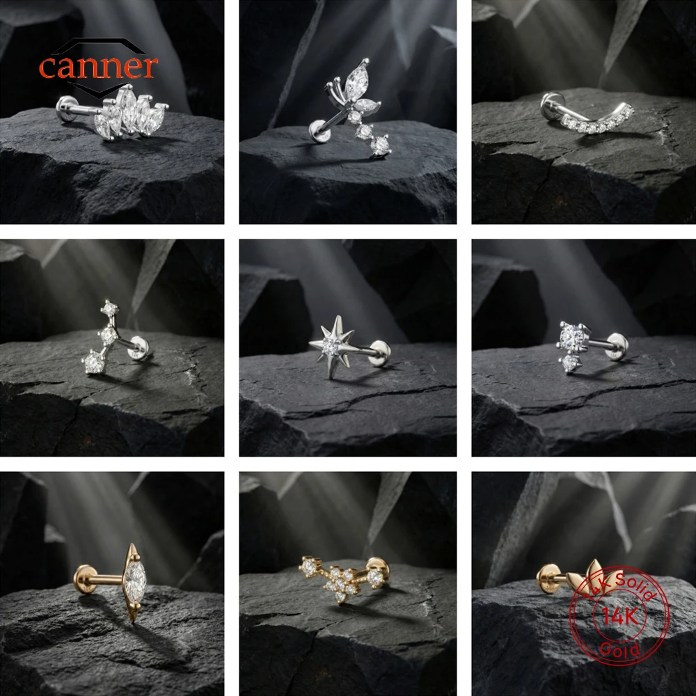 canner 1PC 14K Real Gold 5/6.5/8mm Horse Eye CZ Flat Head Piercing Earrings For Women Ins DIY Flower Punture Earrings Party Gift